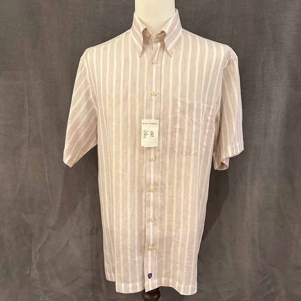 Henry Jacobson taupe/natural linen sport shirt, short sleeves.